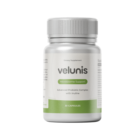 Velunis Capsules bottle — advanced probiotic complex with inulin, 30 capsules