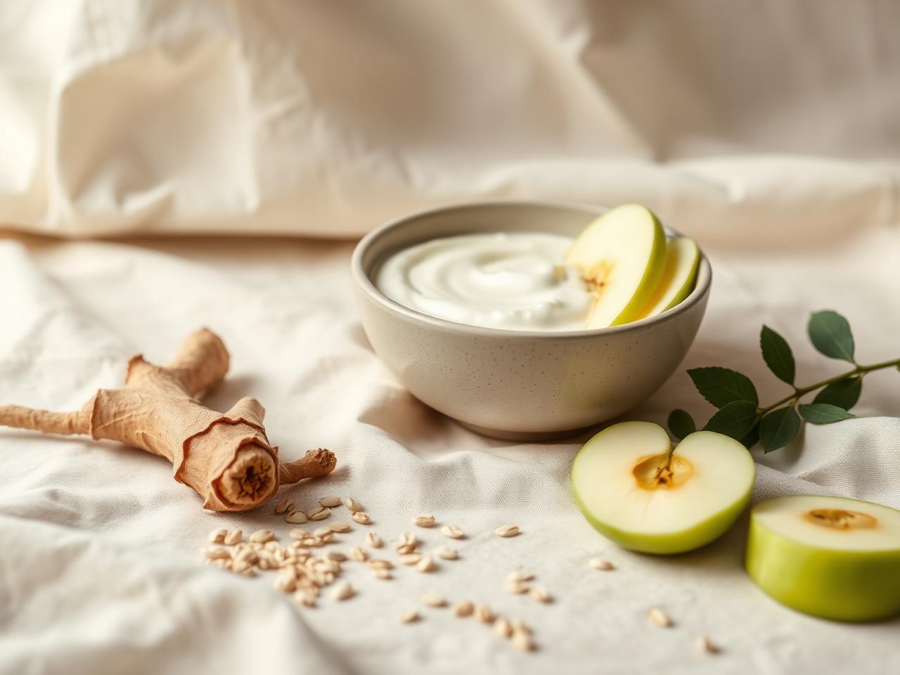 Yogurt, chicory root, oats and green apple arranged on cream linen